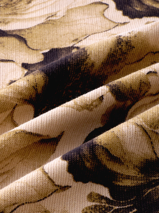 Rustic Beige Botanical Printed Double Pocket Corduroy Shirt