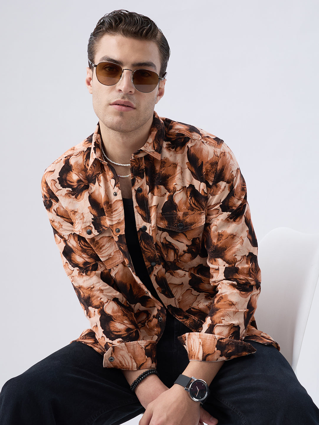 Burnt Orange Floral Printed Double Pocket Corduroy Shirt
