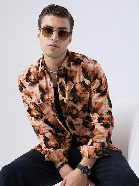Burnt Orange Floral Printed Double Pocket Corduroy Shirt
