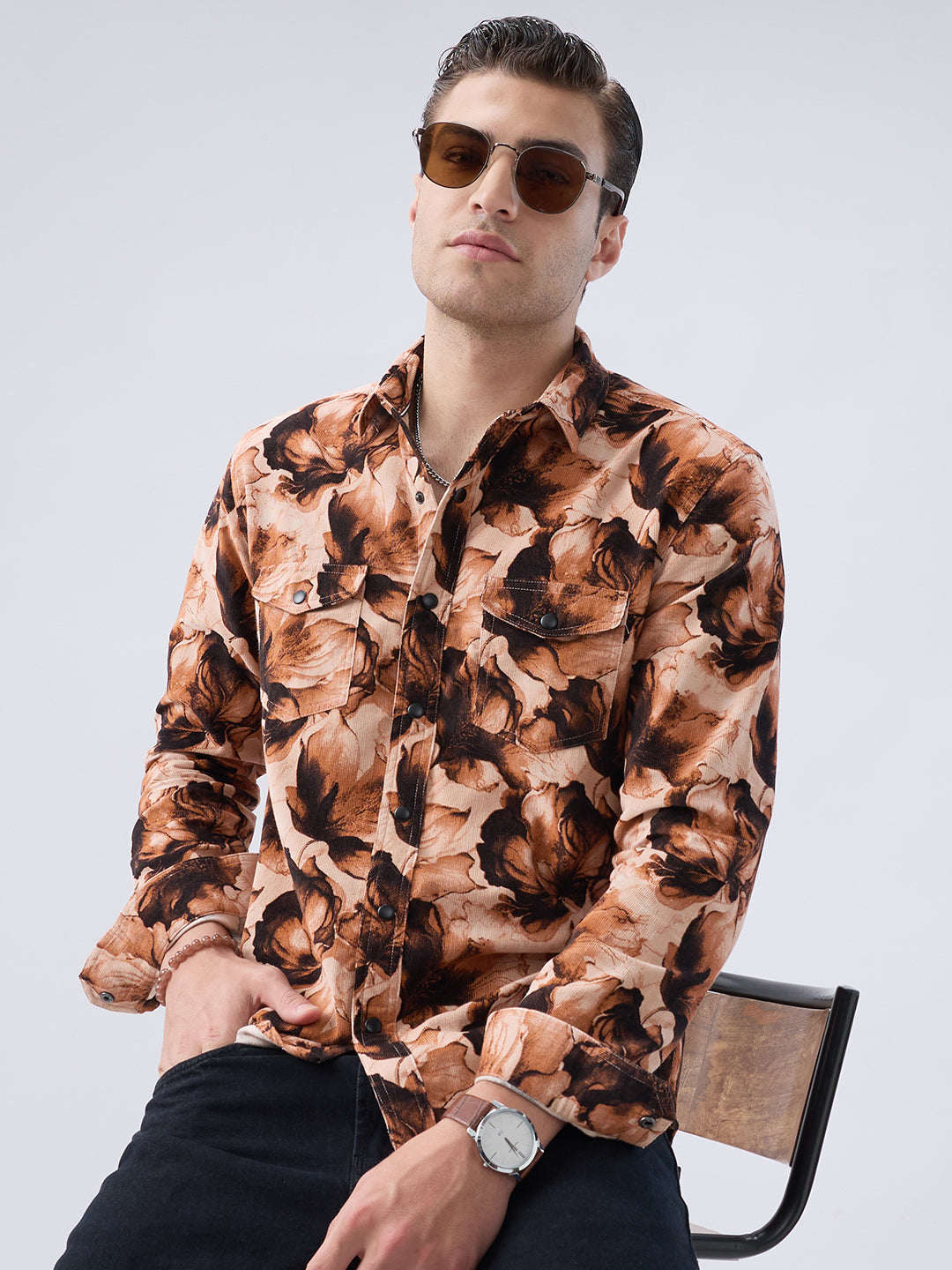 Burnt Orange Floral Printed Double Pocket Corduroy Shirt