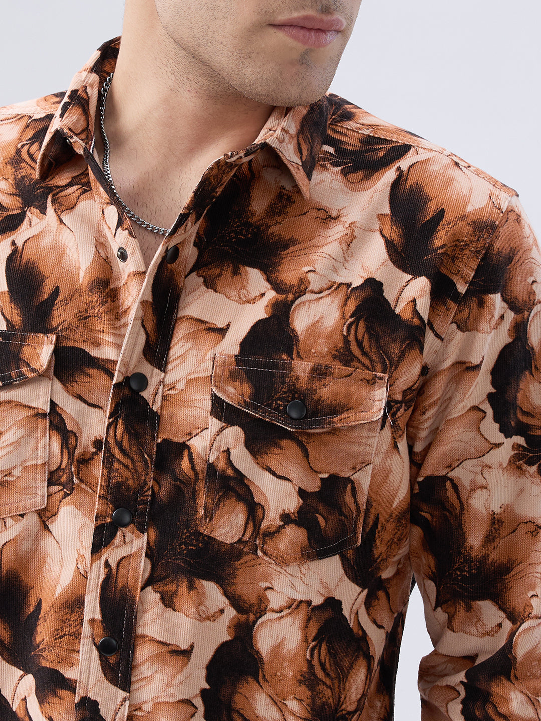 Burnt Orange Floral Printed Double Pocket Corduroy Shirt