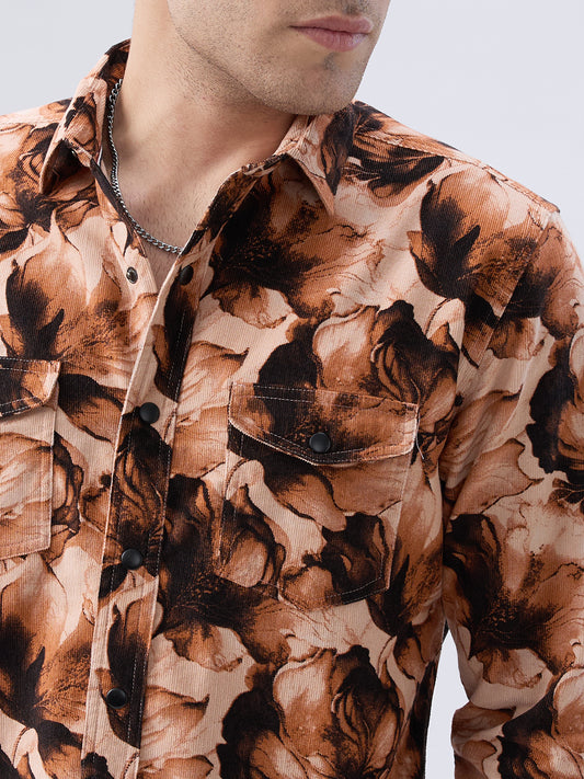 Burnt Orange Floral Printed Double Pocket Corduroy Shirt