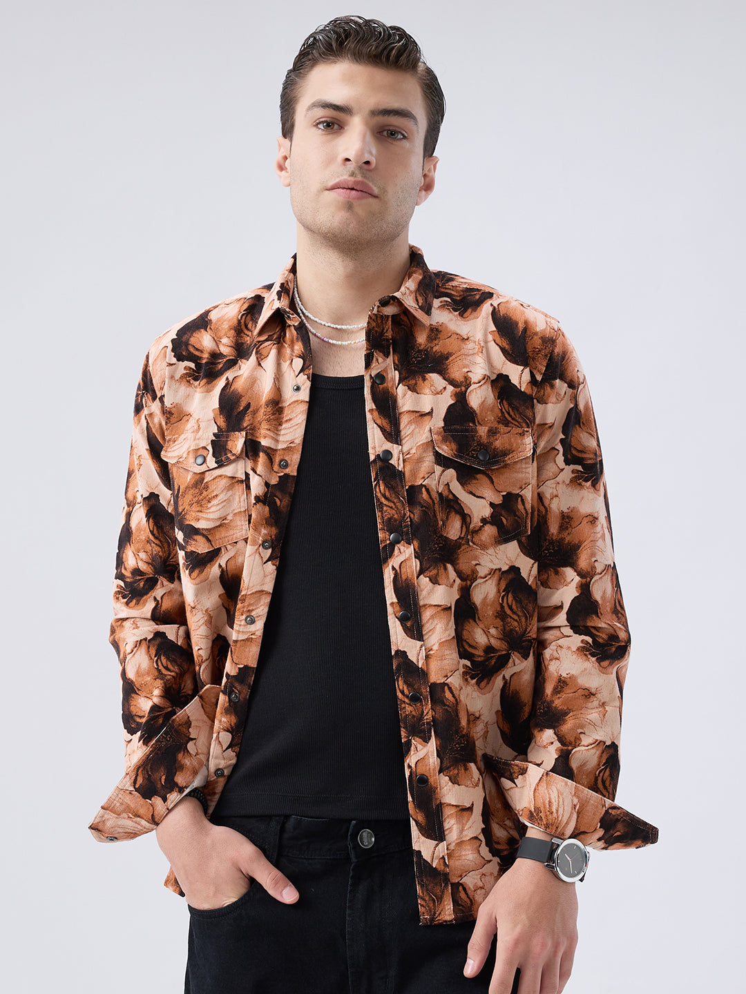 Burnt Orange Floral Printed Double Pocket Corduroy Shirt