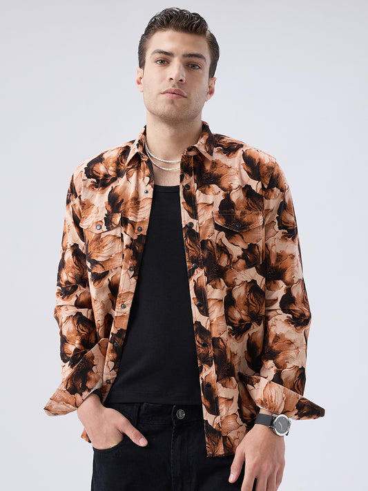 Burnt Orange Floral Printed Double Pocket Corduroy Shirt