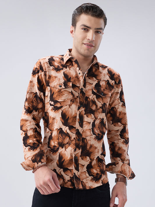 Burnt Orange Floral Printed Double Pocket Corduroy Shirt