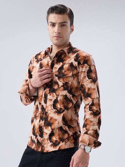 Burnt Orange Floral Printed Double Pocket Corduroy Shirt