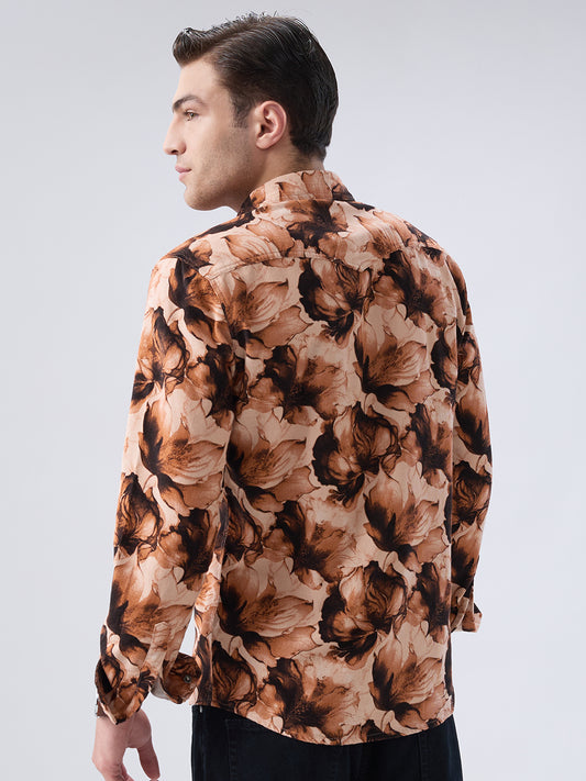 Burnt Orange Floral Printed Double Pocket Corduroy Shirt