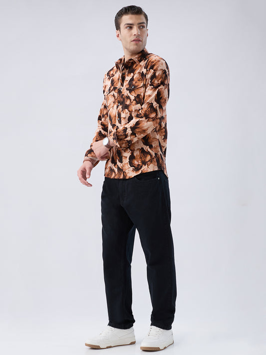 Burnt Orange Floral Printed Double Pocket Corduroy Shirt