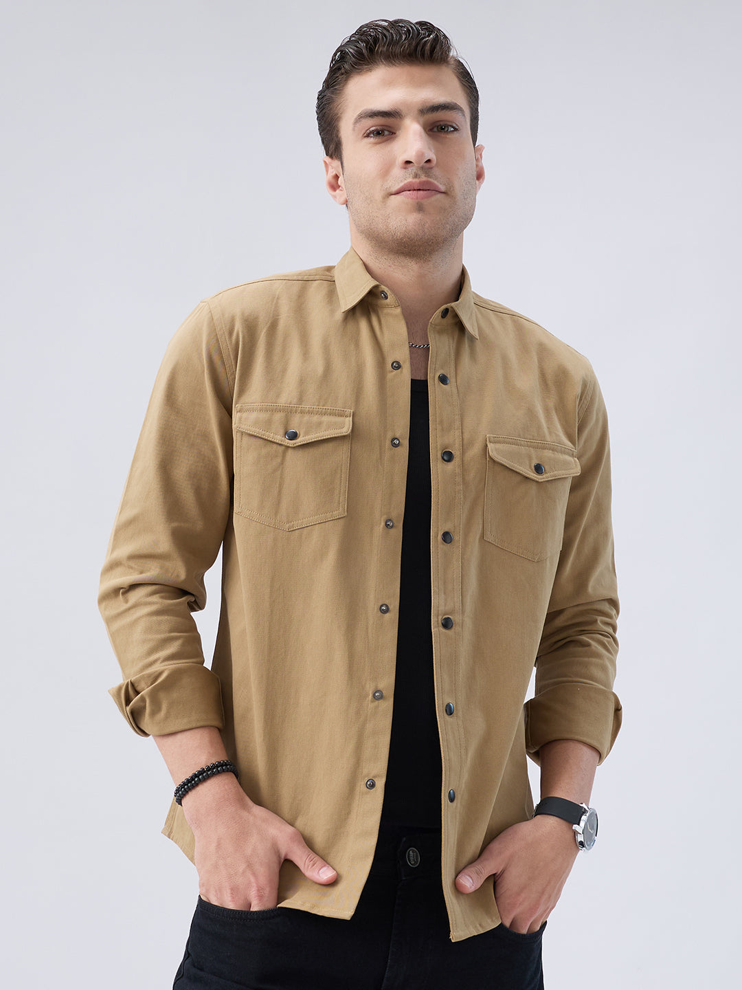 Elegant Khaki Voyager Twin Flap Pocket Overshirt