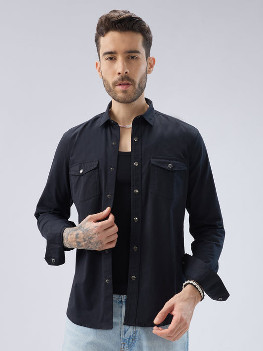 Elegant Solid Black Double Pocket Overshirt