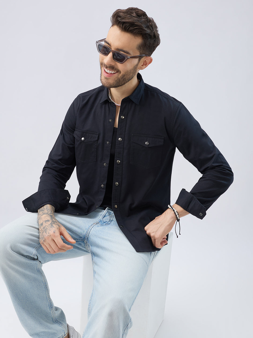 Elegant Solid Black Double Pocket Overshirt