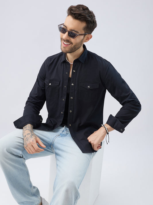 Elegant Solid Black Double Pocket Overshirt