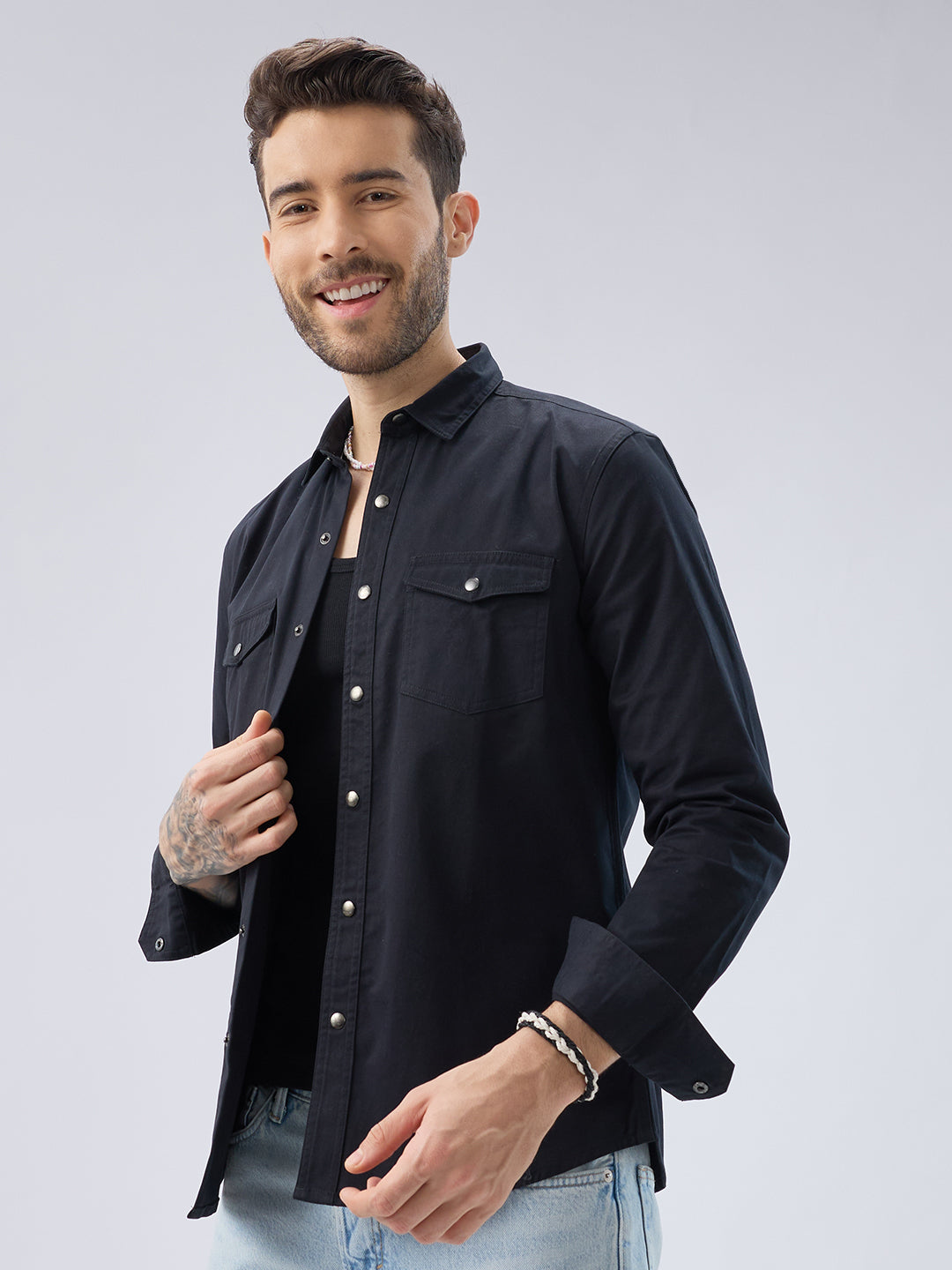 Elegant Solid Black Double Pocket Overshirt