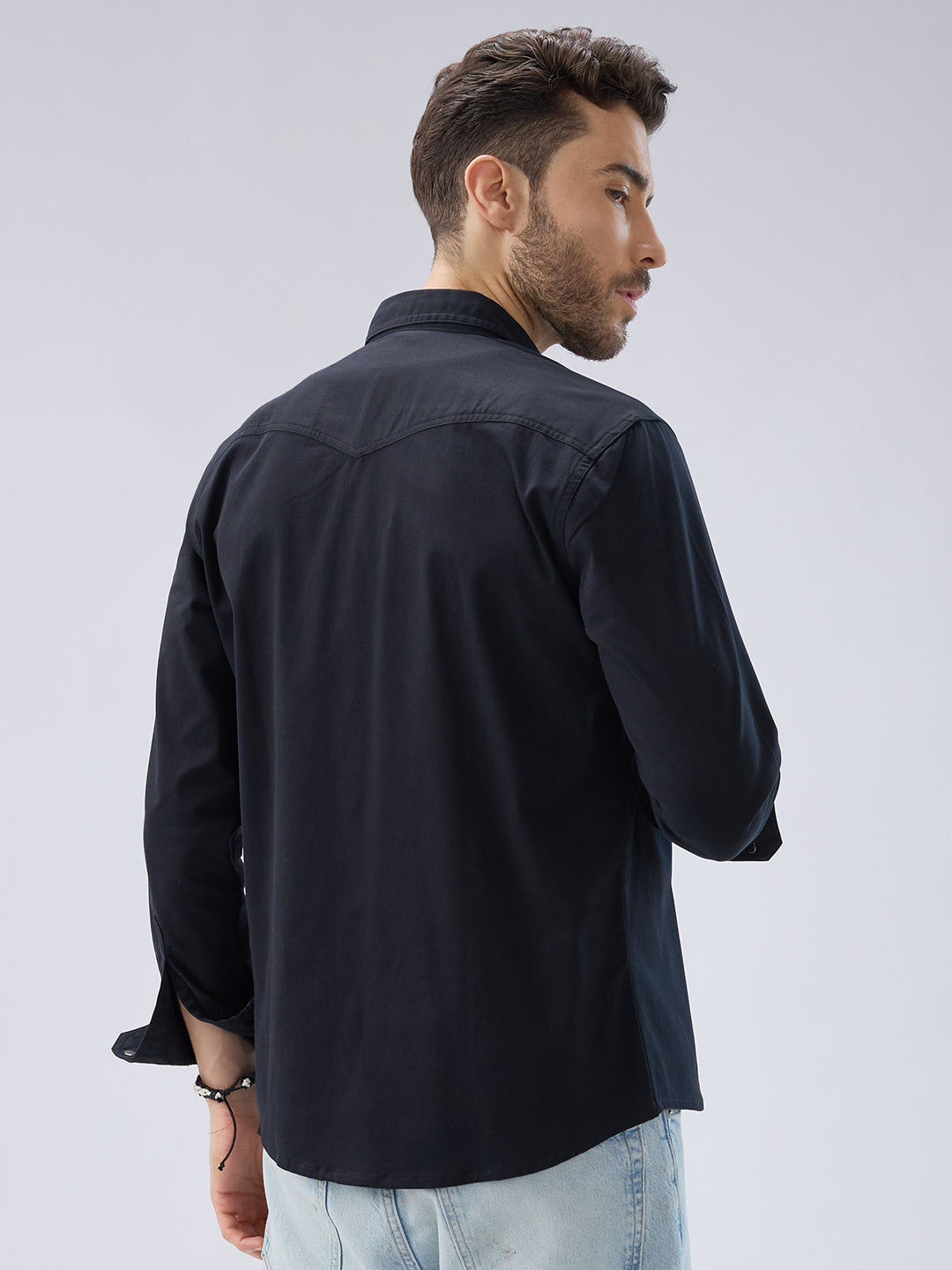 Elegant Solid Black Double Pocket Overshirt
