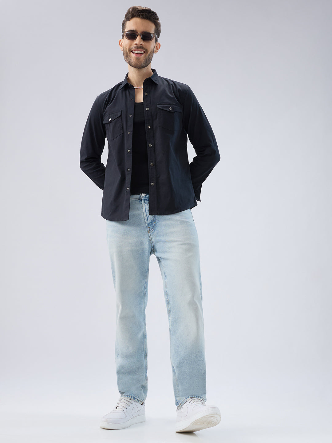 Elegant Solid Black Double Pocket Overshirt