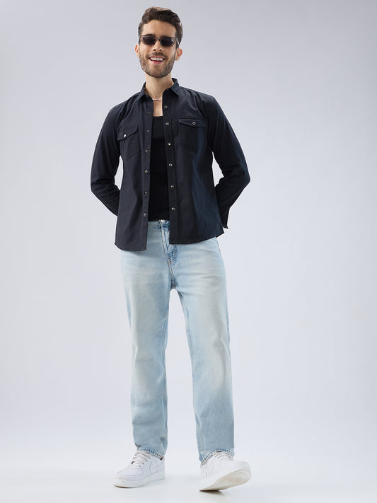 Elegant Solid Black Double Pocket Overshirt