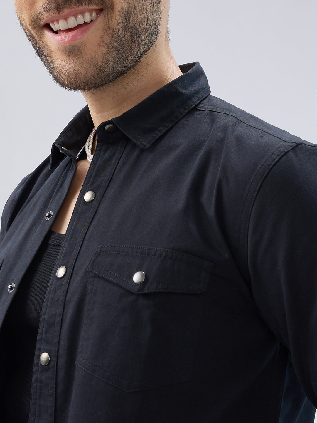 Elegant Solid Black Double Pocket Overshirt