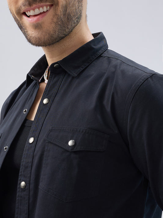 Elegant Solid Black Double Pocket Overshirt
