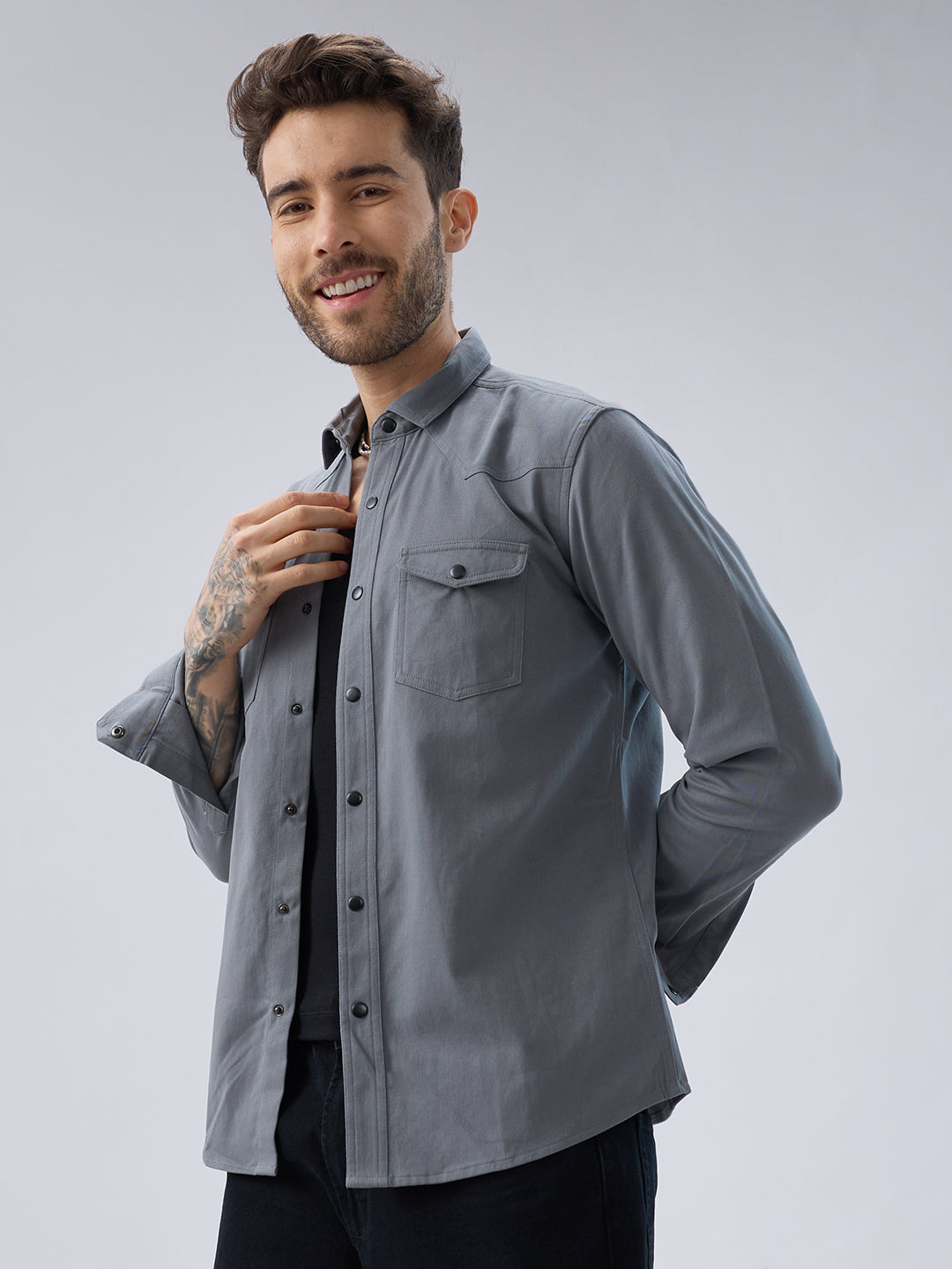 Solid Slate Grey Double Pocket Overshirt