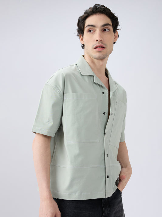 Icy Pistachio Notch Collar Oversized Cropped Utility Shirt