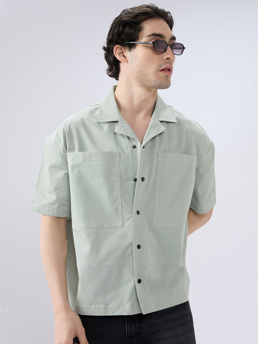 Icy Pistachio Notch Collar Oversized Cropped Utility Shirt