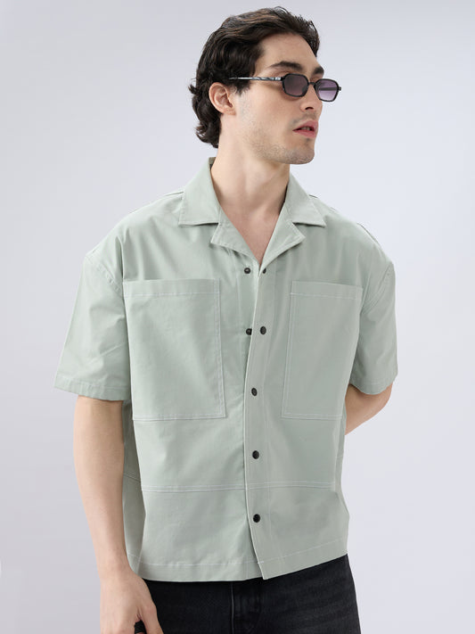 Icy Pistachio Notch Collar Oversized Cropped Utility Shirt