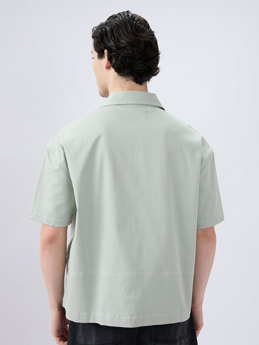 Icy Pistachio Notch Collar Oversized Cropped Utility Shirt