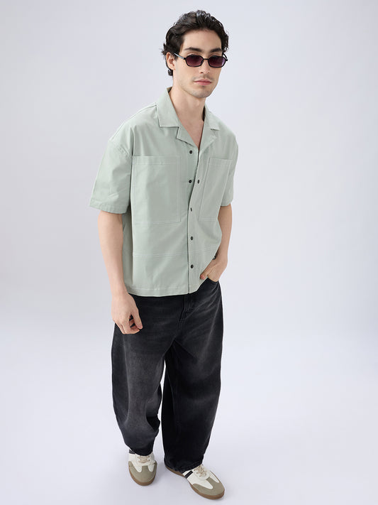 Icy Pistachio Notch Collar Oversized Cropped Utility Shirt