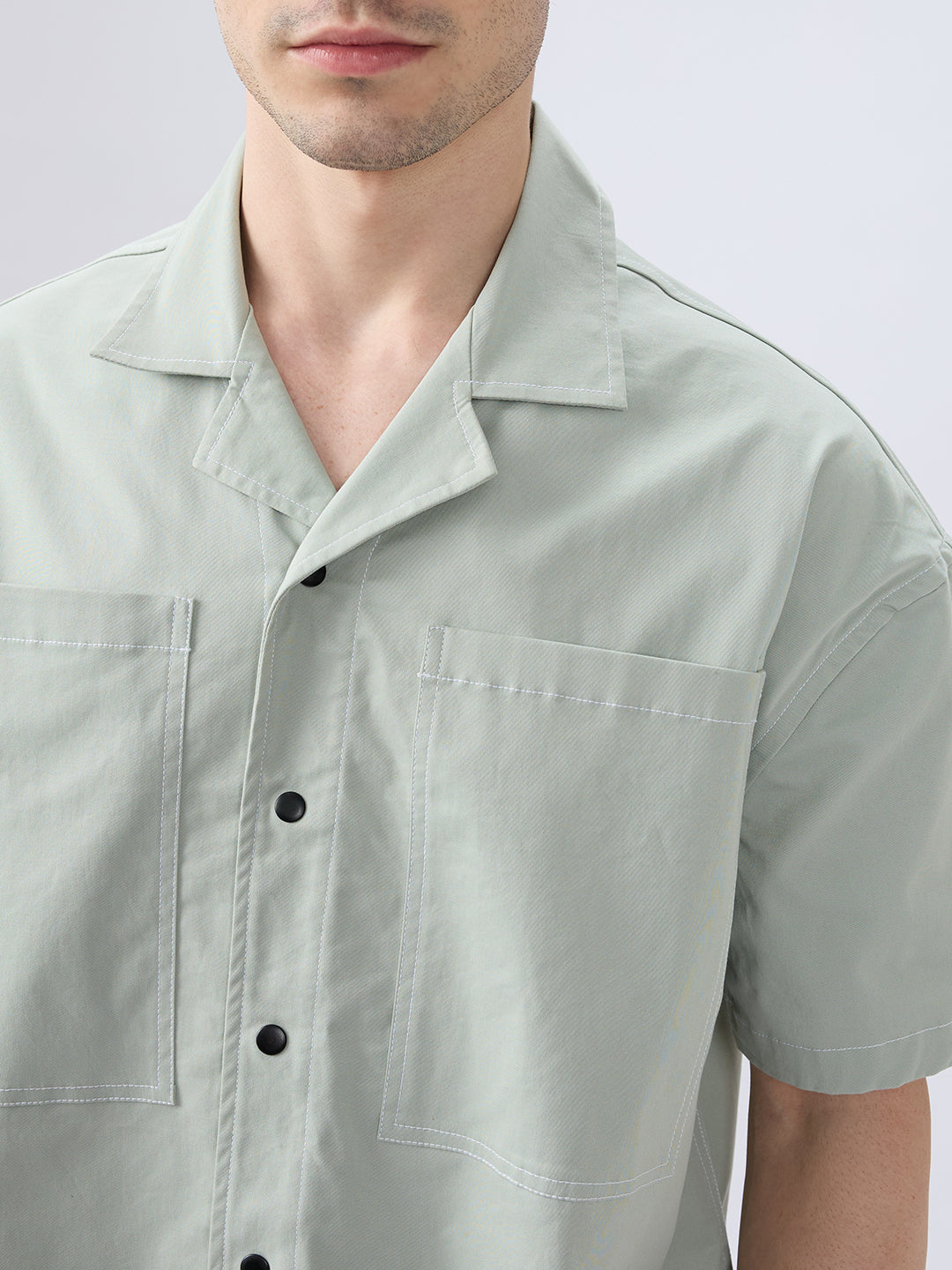 Icy Pistachio Notch Collar Oversized Cropped Utility Shirt
