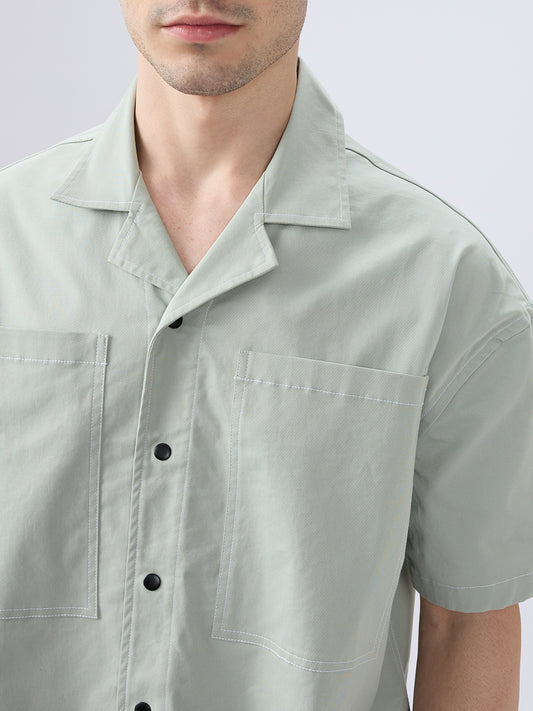 Icy Pistachio Notch Collar Oversized Cropped Utility Shirt