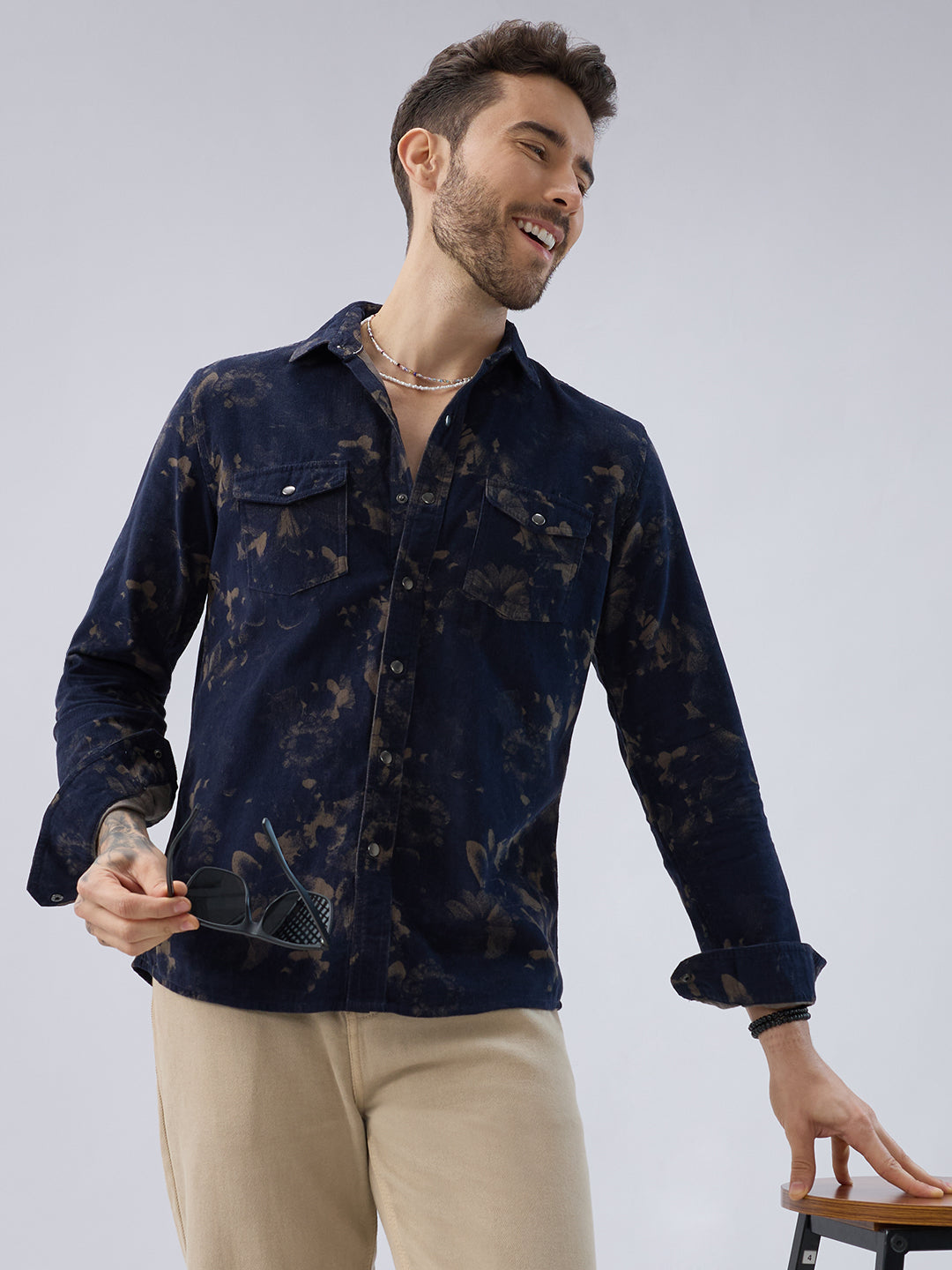 Navy Abstract Bloom Printed Flap Pocket Corduroy Shirt