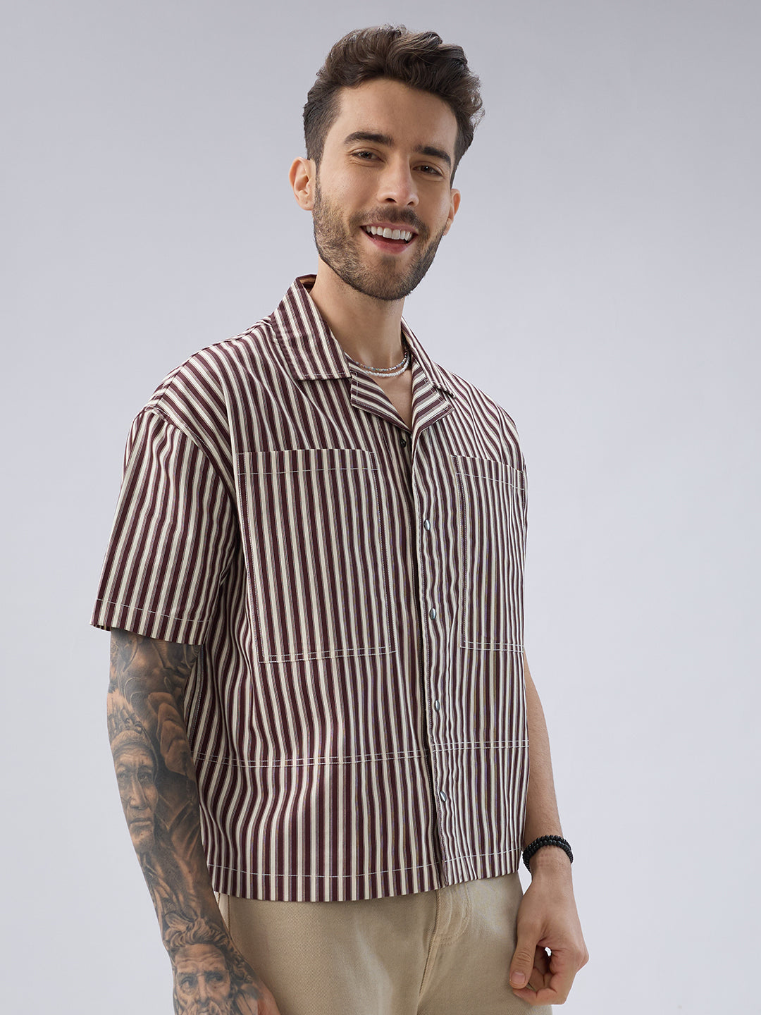 Deep Maroon & Ivory Striped Twin Pocket Oversized Crop Shirt