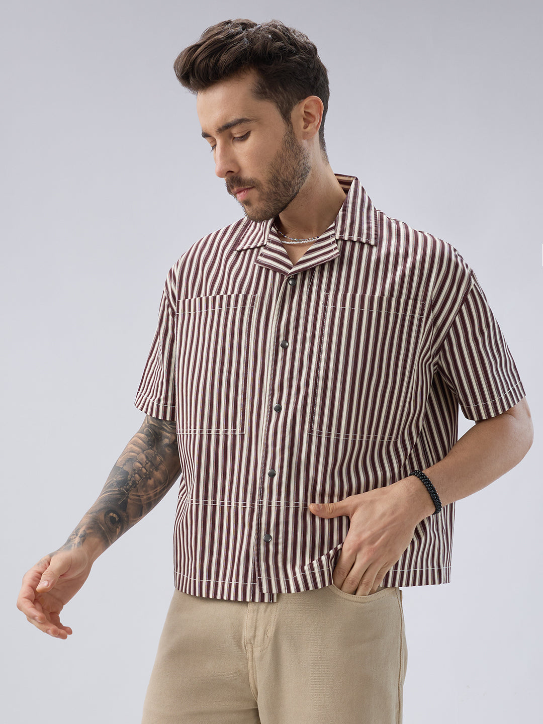 Deep Maroon & Ivory Striped Twin Pocket Oversized Crop Shirt