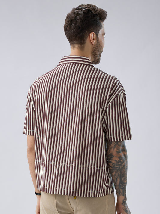 Deep Maroon & Ivory Striped Twin Pocket Oversized Crop Shirt