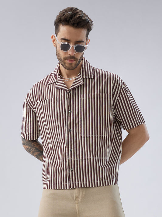 Deep Maroon & Ivory Striped Twin Pocket Oversized Crop Shirt