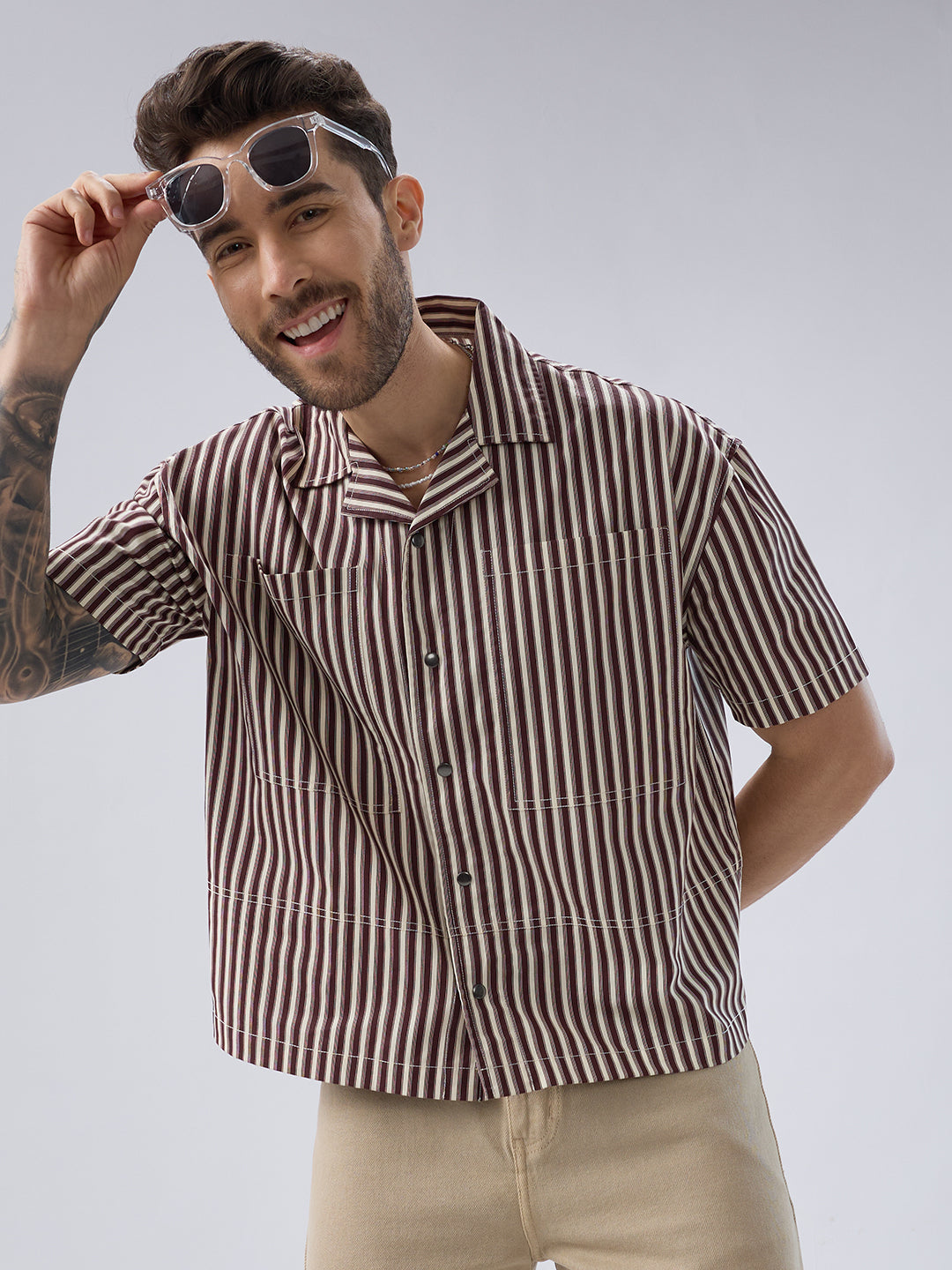 Deep Maroon & Ivory Striped Twin Pocket Oversized Crop Shirt