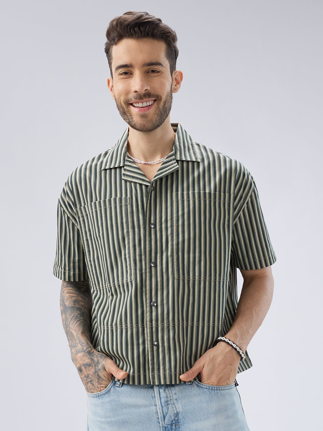 Olive Striped Twin Pocket Oversized Crop Shirt