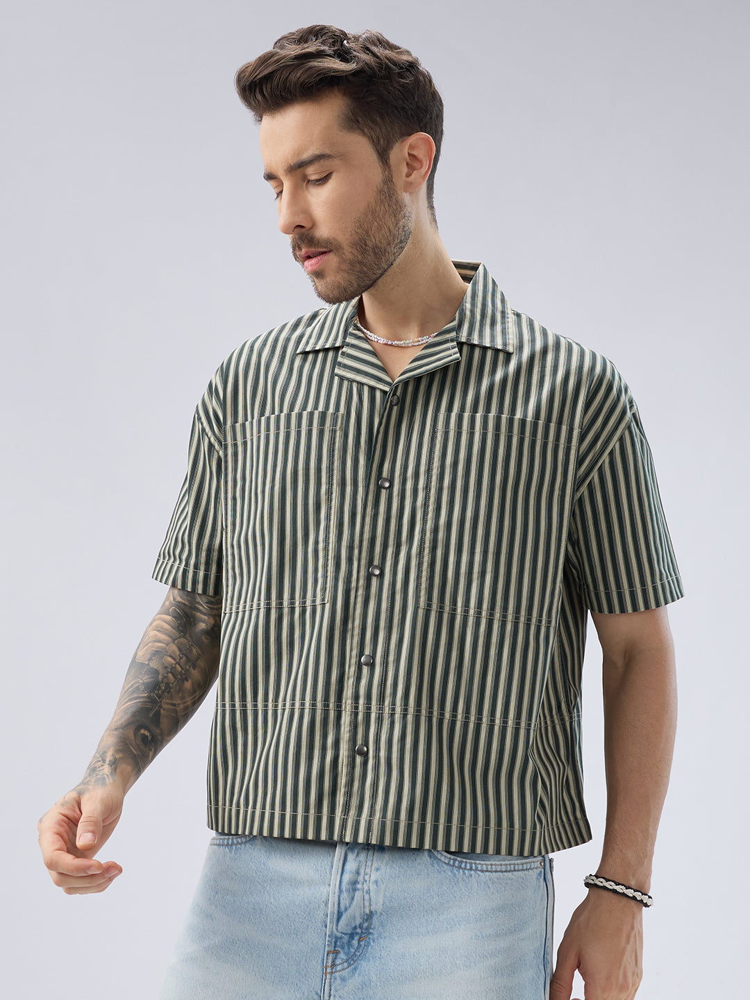 Olive Striped Twin Pocket Oversized Crop Shirt