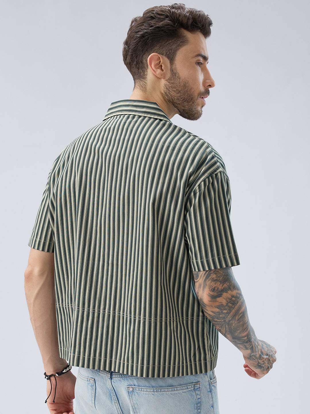 Olive Striped Twin Pocket Oversized Crop Shirt