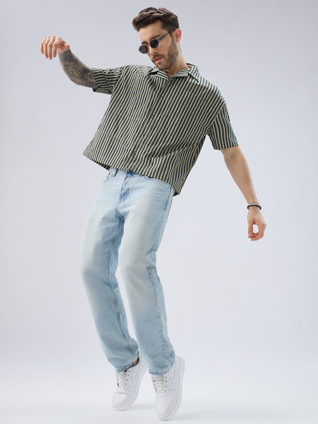 Olive Striped Twin Pocket Oversized Crop Shirt