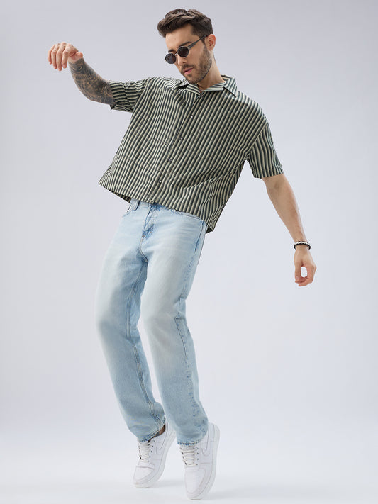 Olive Striped Twin Pocket Oversized Crop Shirt