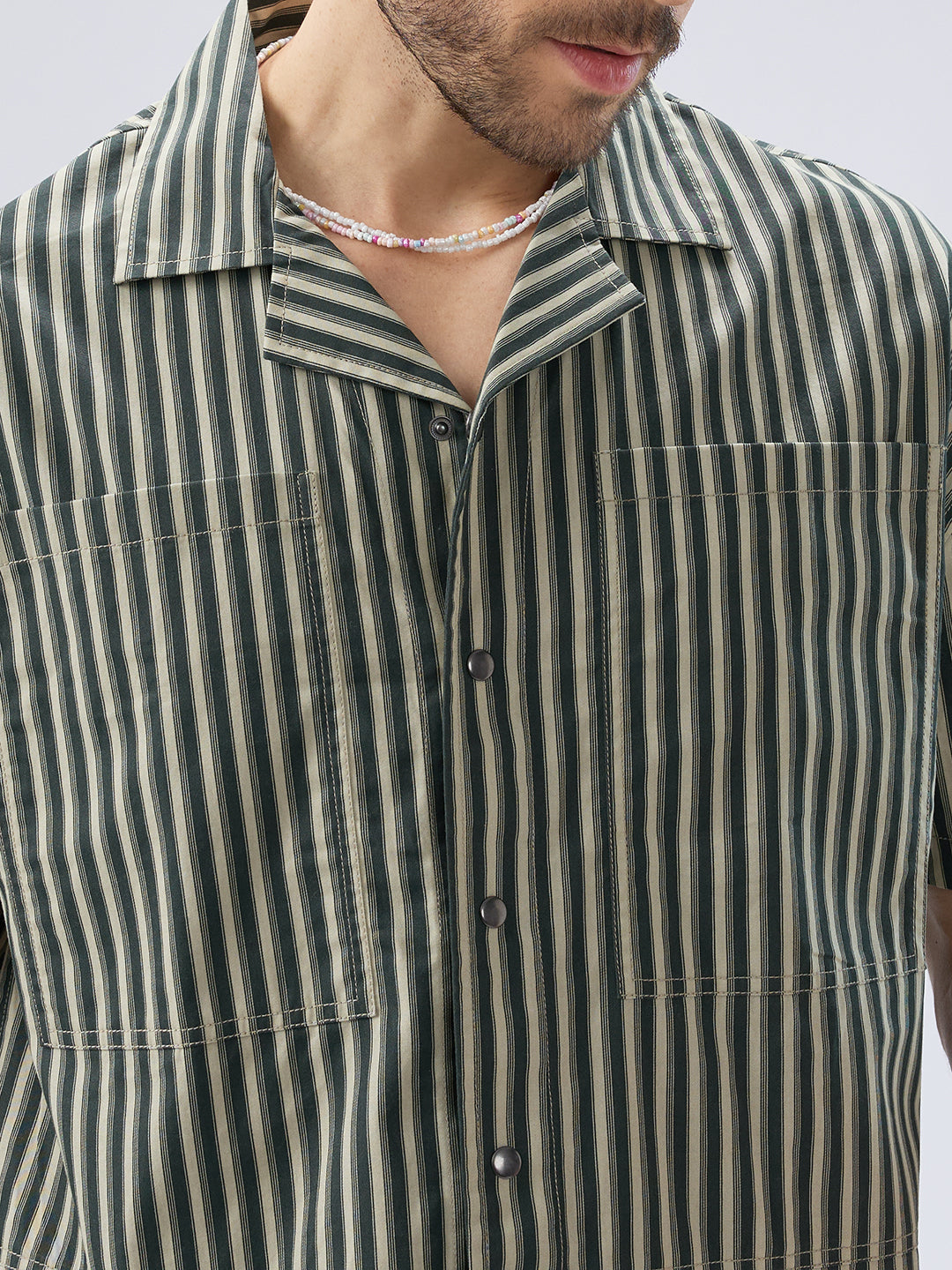 Olive Striped Twin Pocket Oversized Crop Shirt