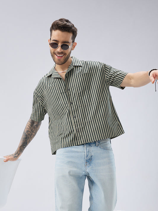 Olive Striped Twin Pocket Oversized Crop Shirt