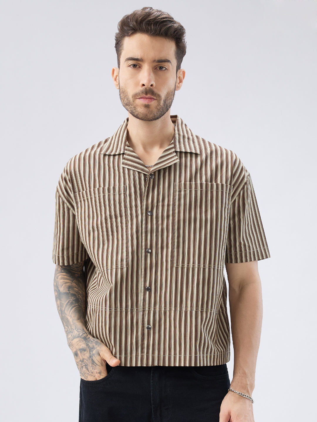 Desert Brown Contrast Striped Twin Pocket Oversized Crop Shirt