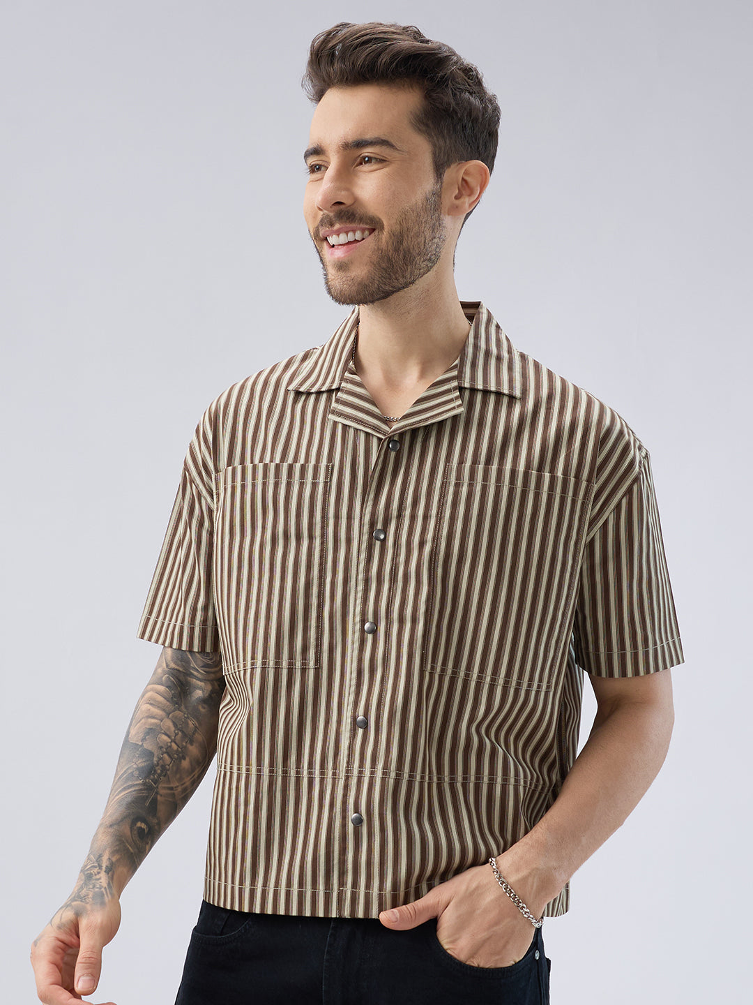 Desert Brown Contrast Striped Twin Pocket Oversized Crop Shirt