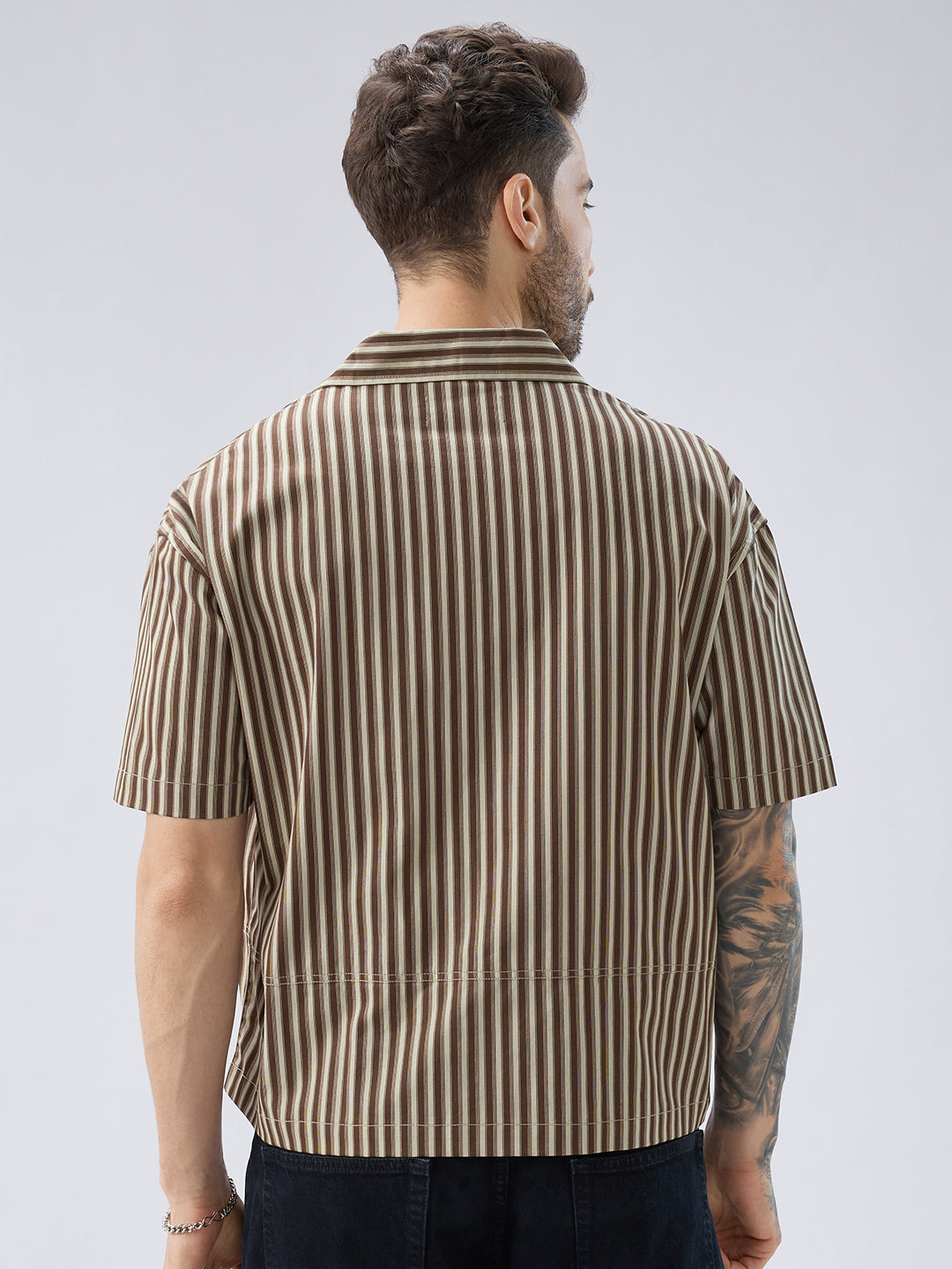 Desert Brown Contrast Striped Twin Pocket Oversized Crop Shirt