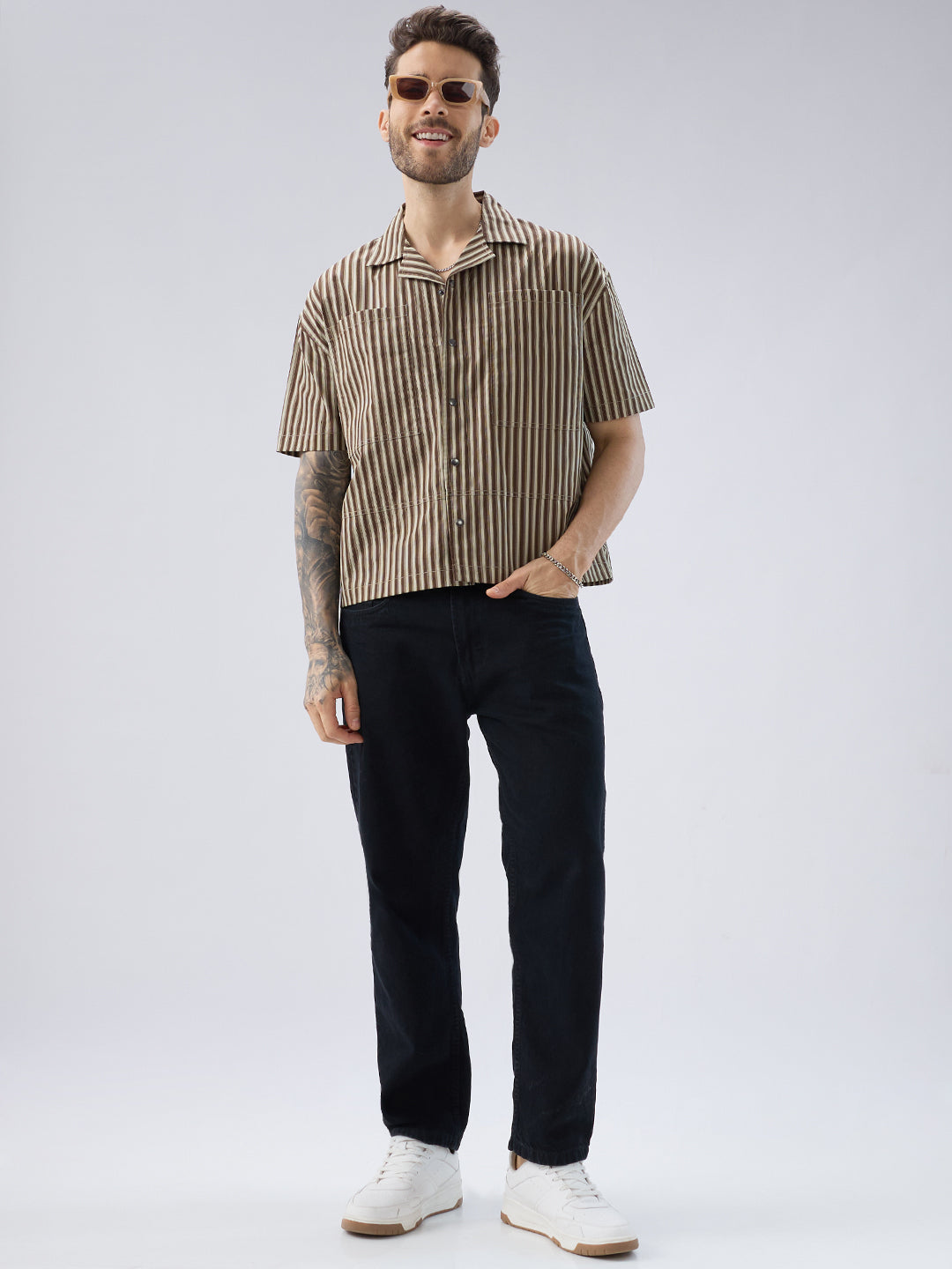 Desert Brown Contrast Striped Twin Pocket Oversized Crop Shirt