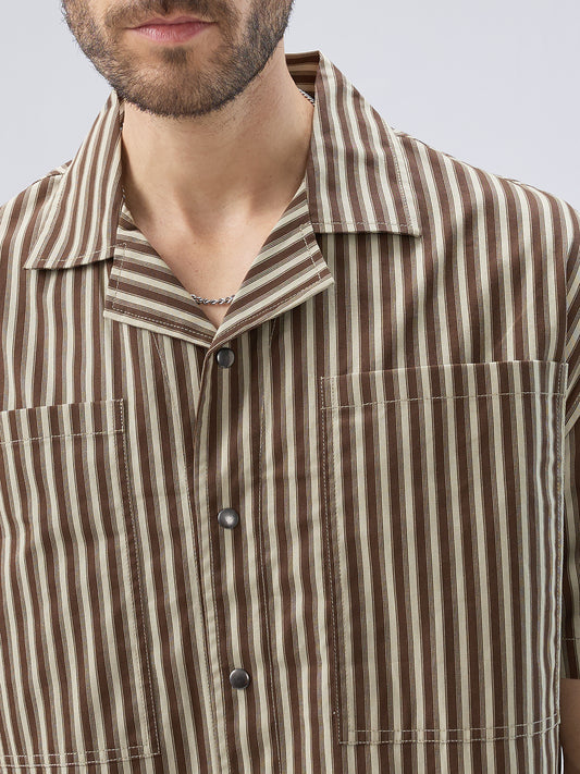 Desert Brown Contrast Striped Twin Pocket Oversized Crop Shirt