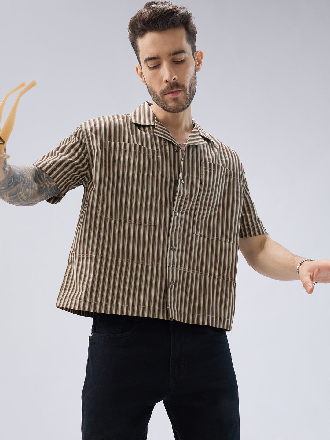 Desert Brown Contrast Striped Twin Pocket Oversized Crop Shirt