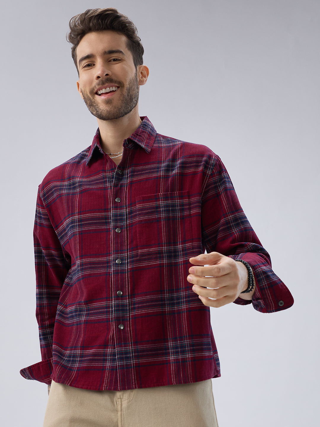 Blood Red Tartan Checks Boxy Fit Flannel Crop Shirt